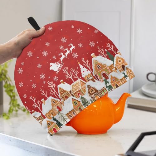 Image of Santa Claus Reindeer Tea Pot Cosy - Cotton Breakfast Tea Pot Cover with Elastic Band and Drawstring - Kettle Cover for Kitchen, Christmas Home Family Decorative Accessories