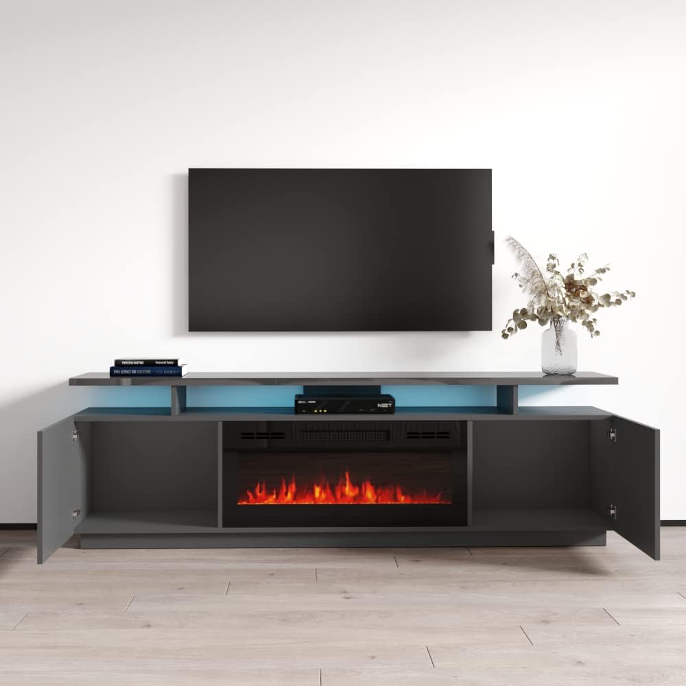 Meble Furniture Eva KBL Electric Fireplace TV Stand — Modern High Gloss Media Console with Storage Cabinets and LED Lights — Fits TVs up to 80", 63.8" W x 17.7" D x 24.6" H — Grey