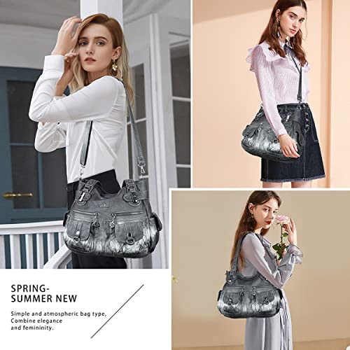 Image of Angel Kiss Women's Designer Handbag Large Double Zipper Multi Pocket Washed Leather Purse