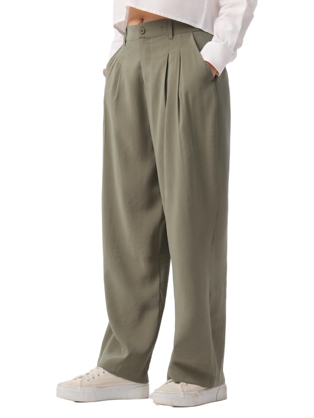 The Souled Store Pleated Trousers: Soft Sage Pleated Front Women and Girls Elastic Waistband Green Solid Viscose Blend Straight Fit Lightweight Smart Casual Trousers in green
