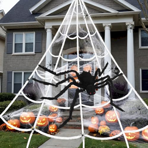 Giant Spider Web Halloween Decoration - Large Outdoor & Indoor Spider Webs 200 inch Triangular with 150cm Large Fake Spider