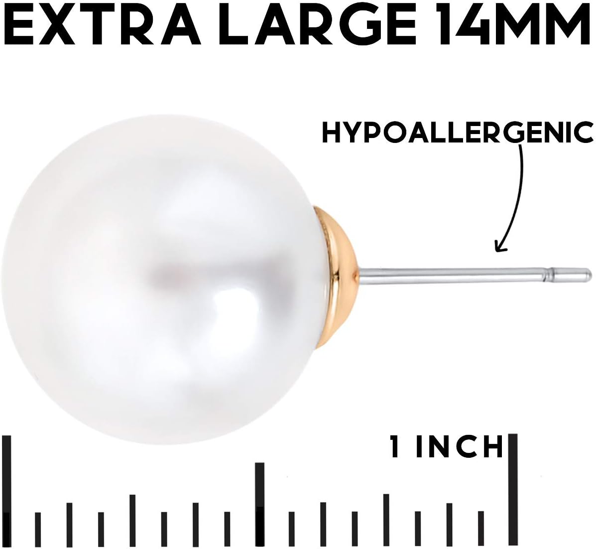 Big Simulated Pearl Earrings for Women - Oversized Classic Faux Round Large Ear Studs, Hypoallergenic and Safe for Sensitive Ears - Image 3