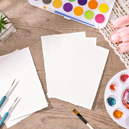 Image of 25 Sheets Watercolor Paper 5 x 7 in, 300 GSM Deckled Edge Handmade Paper | Deckled edge, rough texture, handmade cotton paper for watercolor, cards, invitations, crafts