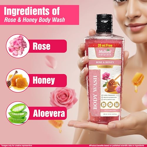 Image of Multani Naturals Rose & Honey Body Wash 270ml | Ayurvedic Herbal Body Cleanser with Rose, Aloe Vera & Neem | Soothing, Anti-Inflammatory | Paraben & Sulphate Free | For Men & Women | All Skin Types