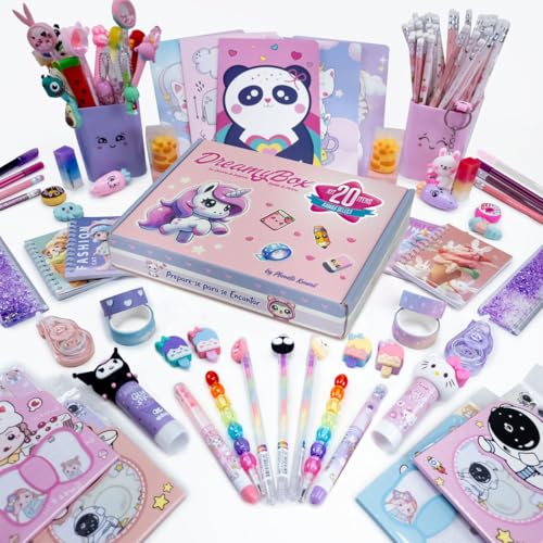 Kit Papelaria Fofa Surpresa 20 Itens Kawaii Premium Caderno, Régua Apontador, Cola, Presente Menina, Aniversário, Dia das Crianças, Natal, Presente Critiavo, Caixa de Presente Temática Exclusiva