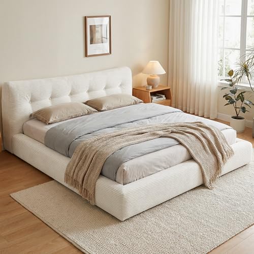 Homkdom King Size Bed Frame,Upholstered Cloud Bed Frame with Button Design Headboard,Round Corner Design for Bedroom,Sturdy Slat Support, No Box Spring Needed, Beige,Corduroy