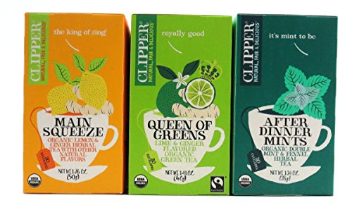 Clipper Organic Tea 3-Flavor Variety: One 20 Envelope Box Each of Main Squeeze, Queen Of Greens, and After Dinner Mints in a BlackTie Box (3 Items Total)