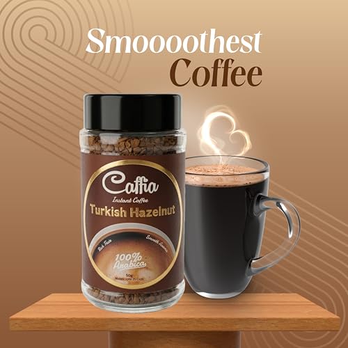 Image of CAFFIA Turkish Hazelnut Premium Instant Coffee | 100% Arabica | Freeze Dried Coffee Powder - 50g | Make Cafe Style Hot or Cold Coffee at Home | Smooth Medium Roast | Rich & Smooth Taste