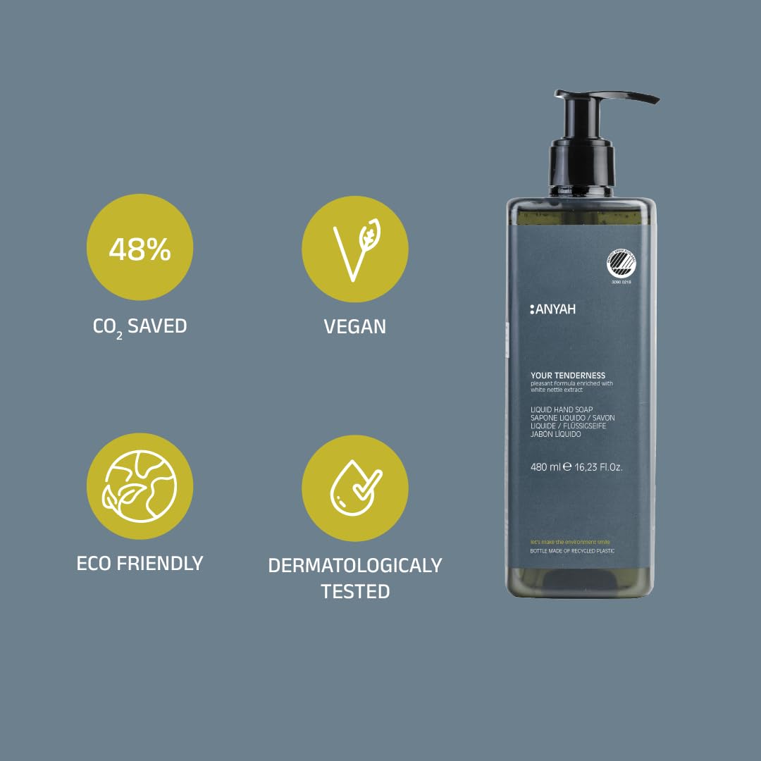 ANYAH Sapone Liquido per Mani 18 x 480ml – Idratazione e Cura Completa per Mani Secche, Certificato Nordic Ecolabel, Formula Eco-Friendly, Senza Siliconi e Alcool, 100% Riciclato - Non Ricaricabile