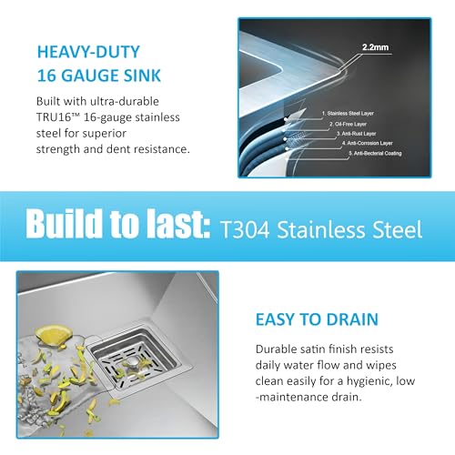 Image of Fossa Aqua 24 inchx18 inchx09 inch Inch Single Bowl Handmade Kitchen Sink 25-Year Warranty AISI 304 Stainless Steel, 2.2mm Thickness, Includes Colander, Coupling & Waste Pipe Set Silver (Matte finish)
