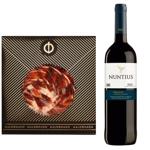Pack Vino Rioja - Jamón de Bellota 100% Ibérico Maldonado Cortado a Mano 100g + Vino Tinto Nuntius