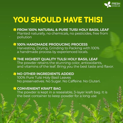 Image of FreshDrinkUS, Premium 16oz Tulsi Leaves Powder, 100% Natural & Pure, Herbal Tea, No Sugar, No Caffeine, No Gluten, Vegan.