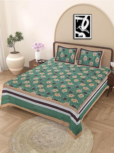 Image of Indian Hand Block Printed 200 TC Cotton Double Size Bedsheet with 2 Pillow Covers 90 By 100 Inches /Green