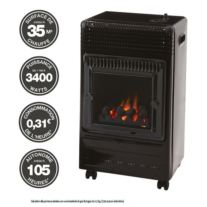 FAVEX - Riscaldatore supplementare a gas Ektor Fire – Pronto all’uso con tubo e riduttore – Interno – Infra Blu effetto fuoco da caminetto – 3 potenze – fino a 35 m² – Nero