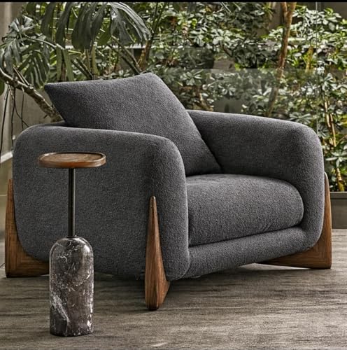 Image of Modern Sofa Chesterfield Design with Stylish Wooden Legs Bouncy Teddy Fabric Off-White Finish Sofa for Living Room, Bedroom, Hallways (3+1+Ottoman, Dark Grey)
