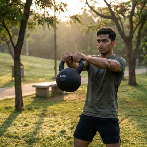 Image of DAARA Half Coating Neoprene Kettlebell, 12kg (26.45 lb) Black Cast Iron Kettle Bell with Non-Slip Grip Handle for Strength Training, Home Gym Workout Equipment for Men & Women (Proudly Made in India)