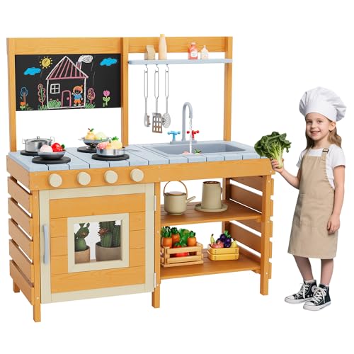 Outdoor Mud Kitchen for Kids Wooden Play Kitchen with Removable Sink & Faucet Chalkboard Pretend Stove Single Door Cabinet Bottom Storage Shelves Ideal Gift for Boys Girls Ages 3-8