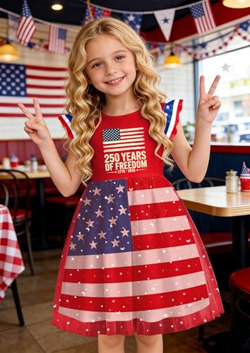 Image of Girls 4th of July Dress American Patriotic Outfit USA Independence Day Clothes Flutter Sleeve Tulle Tutu Dress 5-14y