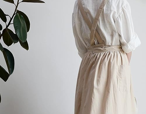 Miniatura 5 de VLZUFE Delantal de lino y algodón para mujer, con espalda cruzada, con bolsillos, para trabajos de jardinería