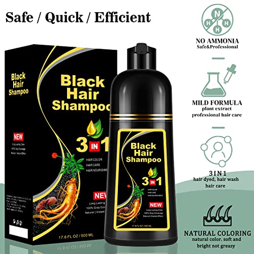 Instant Black Hair Shampoo Hair Color Shampoo For Gray Hair,Natural Black Hair Dye Shampoo 3 In 1 For Men & Women,Long Lasting Black Shampoo Colors In 10-15 Minutes(Black) #TOP3