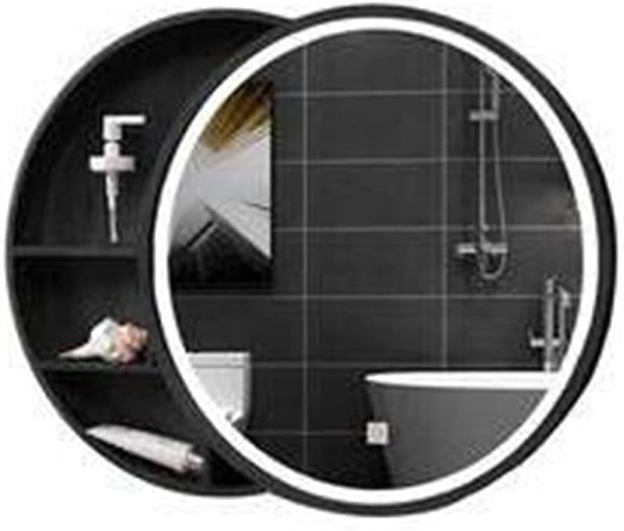 Bathroom Mirror Cabinets Smart Push-Pull Round Mirror Cabinet LED Lighted Bathroom Wall Mirror Bathroom Mirror Storage Cabinet (Color : Gold) (Black 5