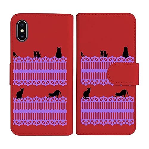 sslink iPhone17 Pro Max アイフォン17プロマックス 対応 手帳型 レッド ケース 猫 ねこ ネコ おさんぽ 黒猫パープルレース ダイアリータイプ 横開き カード収納 フリップ カバー