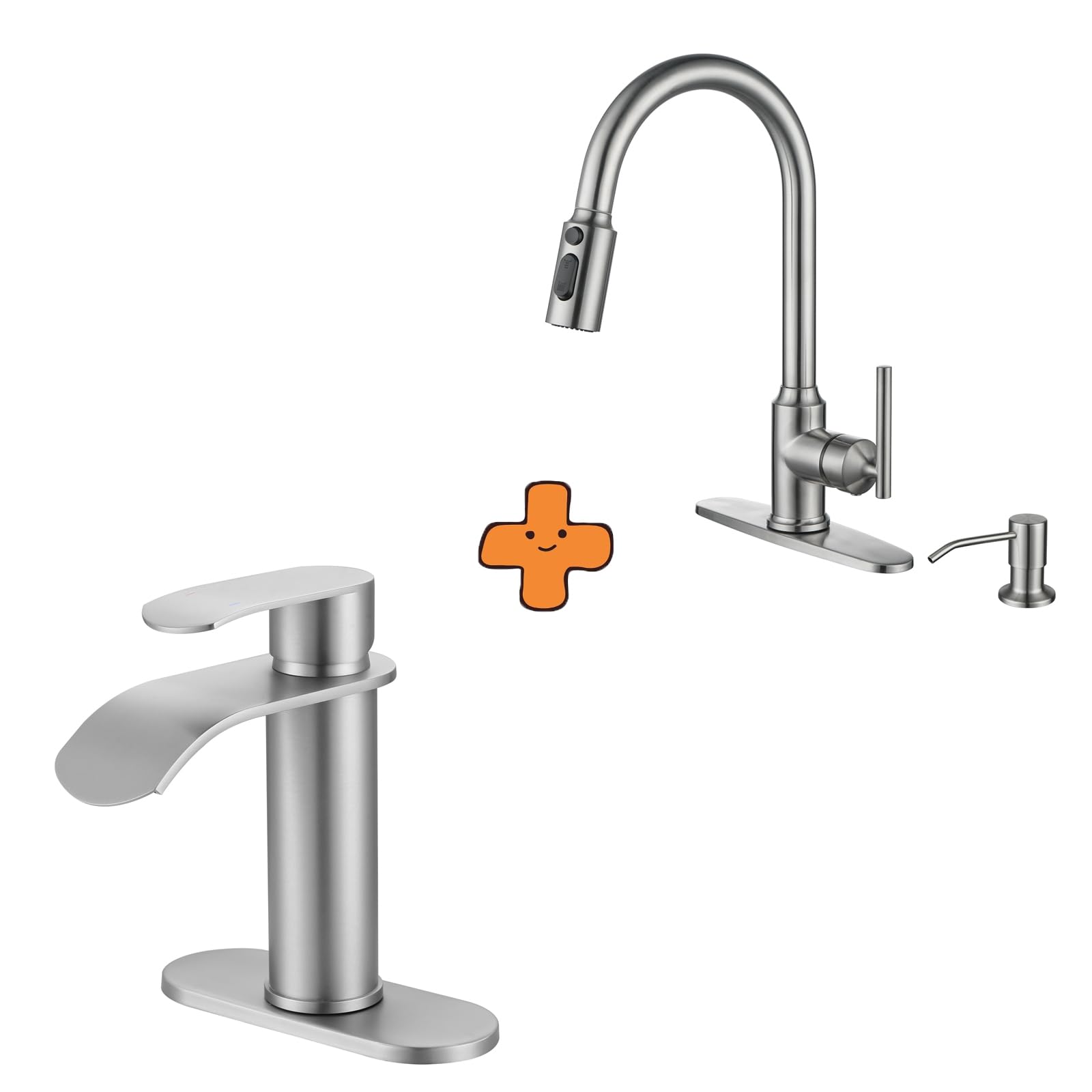 Jnfidosr Black Brushed Nickel Waterfall Bathroom Faucet Single Handle And Kitchen Faucets With Pull Down Sprayer, Brushed Nickel Kitchen Faucet With Sprayer
