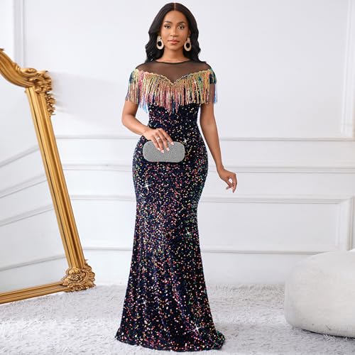 Image of Cololura Sexy Sequin Tassel Mesh Perspective Party Cocktail Bodycon Evening Club Maxi Dress