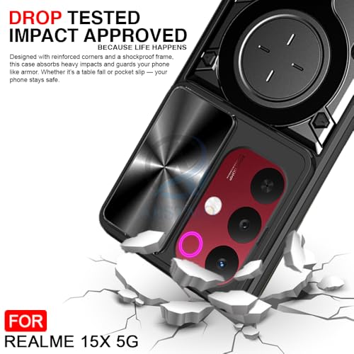 Image of AESTMO Armor realme 15X 5g / C85 5g Bumper Back Case Cover | Ring Holder & CD Pattern Sliding Camera Shutter Cover | Back Case Cover for realme 15X 5g / C85 5g (Black)