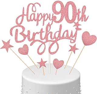 Boao 90th Birthday Cake Topper Set Happy 90th Birthday Cake Topper with Star Heart Cake Topper 90th Birthday Cake Decorations for Ladies Women Birthday Party Cake Supplies, Rose Gold