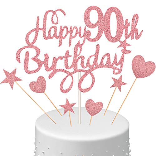 Boao 8 Pcs 90th Birthday Cake Toppers Sets Include 2 Happy 90th Topper with 6 Star and Heart Decor, Glitter Cake Decorations for Ladies Women Mum Birthday Party