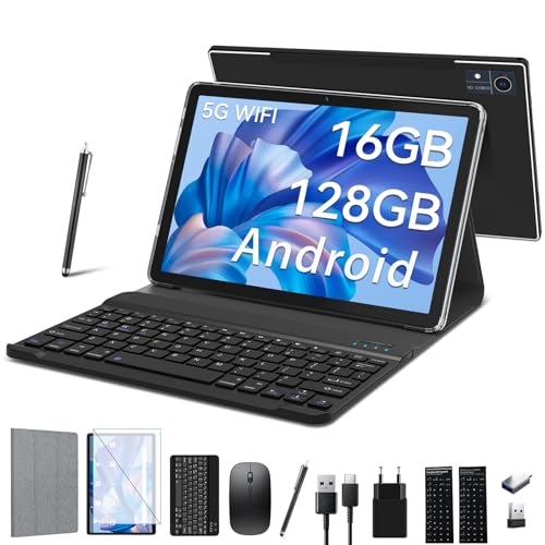 Android Tablet 10 Pulgadas,5G WiFi,16 GB RAM+128 GB ROM (1 TB TF),2 en 1 Tablet con Teclado y ratón,lápiz MTK Octa-Core2.0 GHz,7000 mAh,1080 FHD,5 MP+13 MP,BT,Google GMS-Negro