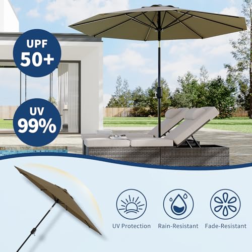 Patio Umbrella 9ft, Table Umbrella Outdoor Patio UV Protection with Crank Lift & Push Button Tilt, 8 Sturdy Ribs for Yard, Deck, Pool - Taupe