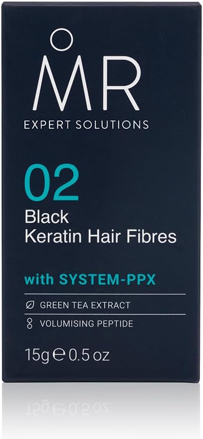 MR Black Hair Fibres (15g). Paraben Free Hair Loss Concealer with System-PPX, Thinning Hair Concealer for Bald Patch Cover Up, Hair Fibres Black, Hair Thickener for Men, Hair Texture Powder