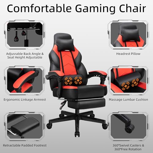Image of Gaming Chair with Footrest, Massage Lumbar Support, Height Adjustment, and 360 Swivel Seat. Ergonomic Design for Gaming