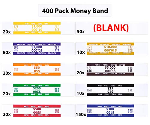 Money Bands - 400 Pack Currency Straps - Vibrant Colors Coded Bank Standard