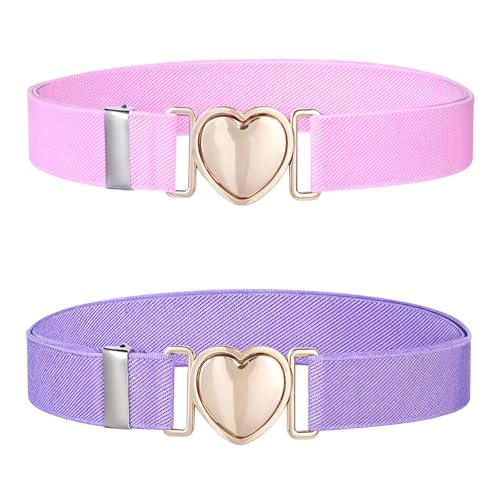 2Pcs Girls Belt, Elastic Waist Belts for Girls Adjustable Heart Buckle Stretch Belts for Pants Jeans Dress