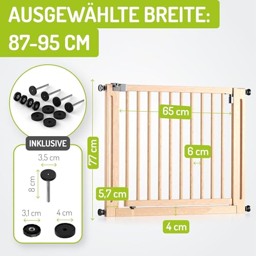BOMI Baby Schutzgitter Treppe Miko PEFC geprüftes Buchenholz | Ohne Bohren | Gittertür aus Holz Natur | Stabile Baby Schutzgitter Tür für Kindersicherheit | Treppen Türgitter | Breite: 87-95 cm