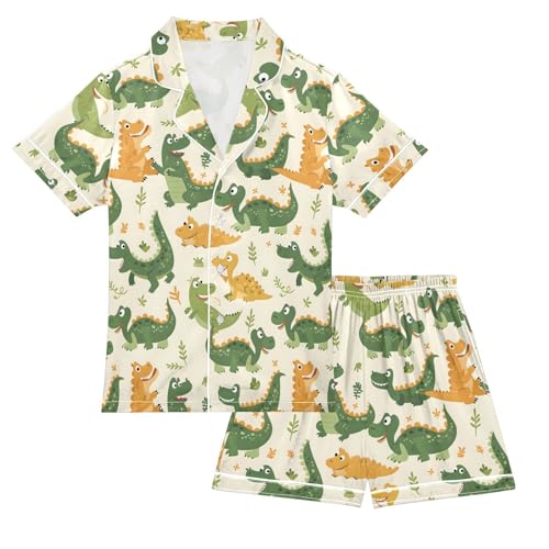 ALAZA Cartoon Green Crocodile Leaf Satin Pajamas Set Short Sleeve Button Down Sleepwear Summer Pjs 2 Piece