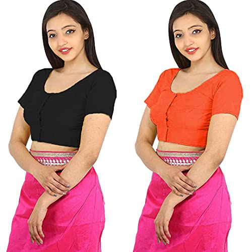 Image of Namita Women's Rubia Cotton Half Sleeve Readymade Blouse (U-COT-COM-2-BLACK-ORANGE-32 Black, Orange 32)