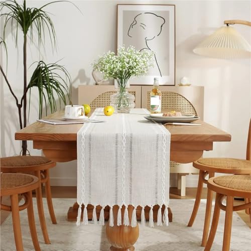 Chemin de table en lin de style ferme rustique brodé avec pompon 33x183cm - 4
