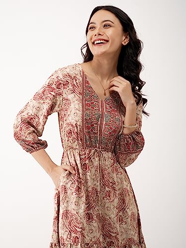 Image of AASK Abstract Printed Puff Sleeve Gathered Detailed Fit Flare Dress