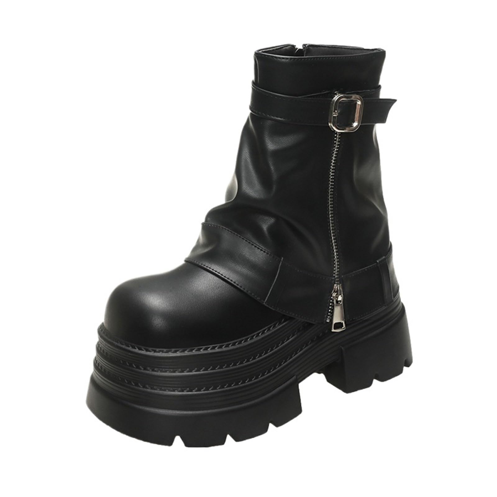 Punk Womens Autumn Winter Leather Ankle Boots 10CM Heels Chunky Platform Combat Boots Non Slip Motorcycle Shoes Woman