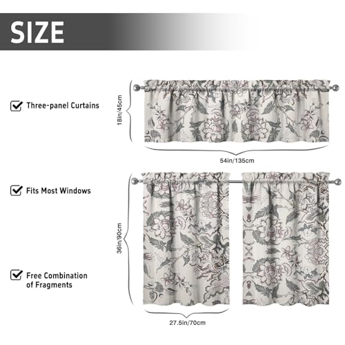 Image of Floral Kitchen Curtains 3 Piece Set Tier Valance Window Decor