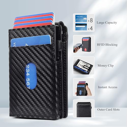 Generic Mens Slim Minimalist Wallet with Money Clip, Pop Up Card Holder, Carbon Fiber Black, RFID Blocking3