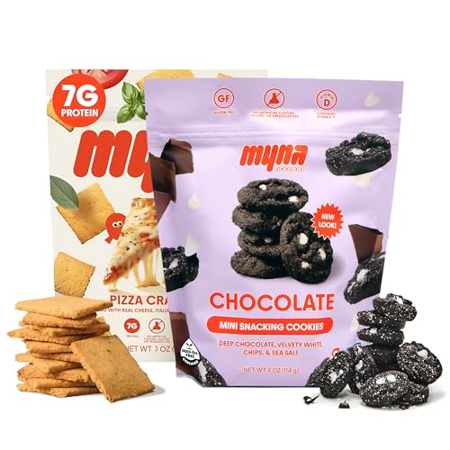Myna Snacks Variety Pack - Midnight Mini Snacking Cookies and Pizza Crackers - Gluten and Dairy Free Snack - Healthy Dessert - Sweet and Savory Snack Bites 7oz (Pack of Two- 4oz Cookies, 3oz Crackers)