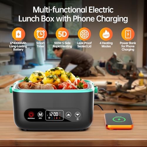 Image of 2X1.2L Electric Lunch Box with 6x4000mAh 100W 5D Surround Heat | Upgraded 100W 5D Surround Heat Tech, 6x4000mAh Battery Powered, Dual Insulated Bag, 220F Max, BPA Free