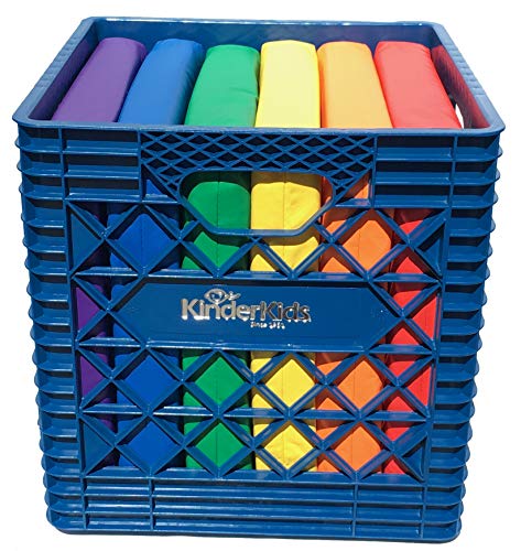 KinderMat, Kindercrate, Blue, 6 Pack of 13.5" Kindercushions & Sturdy Storage Container, 2" Thick Squares Story Time Cushions, Alternative Seating, Yellow Blue Green Red Purple Orange