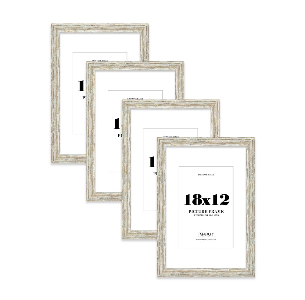 18x12" Distressed White Oak Picture Frame with 12x8" Mount - Weathered Photo Frame with Distressed Finish, Wall Hooks, 32mm Edge - 4 Pack