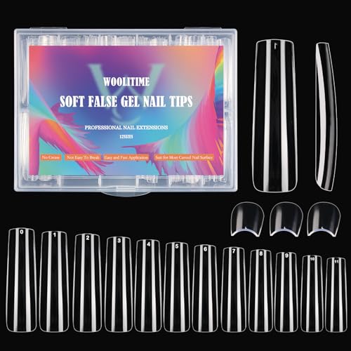 Woolitime Clear Nail Tips Square Gel x No C Curve Full Cover Nails Tips with 120pcs, XXL Straight Long Tapered Square Nail Tips para uñas for Acrylic Fake Nails Art Salon Home DIY with Box